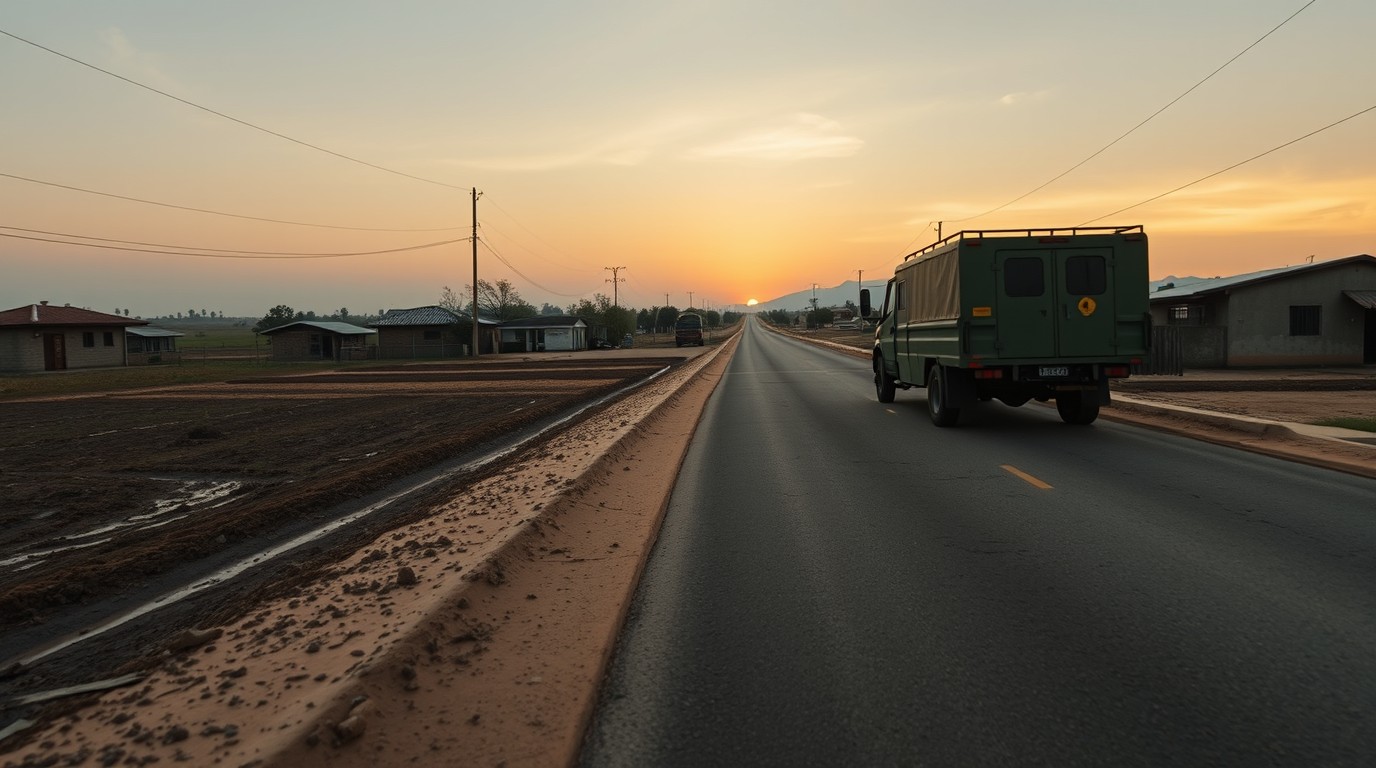 Camino rural de Navolato al amanecer con retén militar y patrulla estacionada